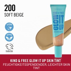 Rimmel London Kind & Free Glow It Up Moisturising Foundation, 200, Soft Beige, Soothes Sensitive Skin, Healthy and Radiant Complexion, Moisturises for the Whole Day, 30 ml