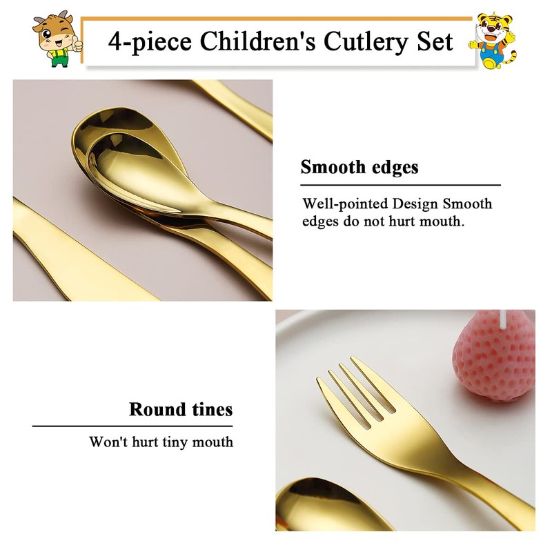Berglander Gold Toddler Utensils 4 Pieces Golden Titanium Plating Kids