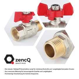 zencQ Ball Valve with Screw Connection 1/2 Inch MF, Brass Ball Valve with Wing Handle, Brass Ball Valve with Lever, Brass Connection with Internal Thread and Male Thread and Wing Handle for Industry