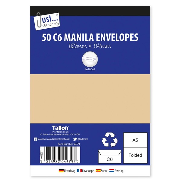 Tallon Just Stationery C6 - Sobres de manila para despegar