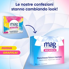 Mag Ricarica – Integratori per Adulti con Magnesio Pidolato, magnesio ossido, Vitamina B6, per Stanchezza Fisica e Mentale - Senza Glutine, Senza Lattosio (24 Bustine Aroma Limone)