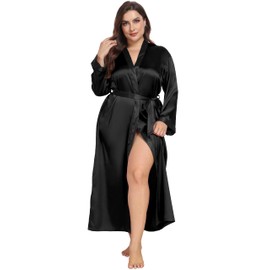 Women's Plus Size Satin Kimono Robes Long Silky Bathrobe Wedding Getting Ready Sleepwear Loungewear, Black, 4X