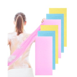 6 paños exfoliantes, 35 pulgadas, 3 colores, toalla exfoliante de baño de nailon para ducha, toalla japonesa colorida, exfoliante corporal (azul, amarillo, rosa)