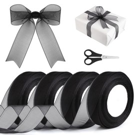 4 Rolls Organza Ribbon Black, 45 m x 25 mm Wide Black Ribbon with 1 Scissors, Transparent Organza Ribbons, Gift Ribbon Black for Bouquet, Gift Wrapping