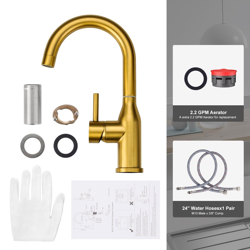 WOWOW Brushed Gold Bar Sink Faucet Single Hole Bar Faucet