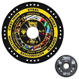 SabreCut VB125MEGRA 125mm (5 inch) x 22.23mm Bore Vacuum Brazed Metal Cutting Angle Grinder Diamond Disc Blade and 46mm M14 Quick Change Heavy Duty Grinder Locking Retaining Flange Nut Kit