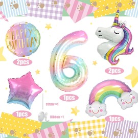 Unicorn Balloons, 6 Years, 7 Pieces, Birthday Balloons, 6 Rainbow, Balloons Birthday Girl 6, Birthday Decoration for 6 Year Old Girls