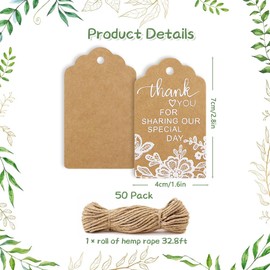 Wedding Thank You Tags 50 PCS,Bridal Shower Kraft Paper Tags with String,Thank You for Sharing Our Special Day Hanging Tags for Wedding Bridal Shower Engagement Bachelorette Bachelor Party Favours