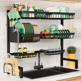 Kitsure Over The Sink Dish Drying Rack - 31.5" to 39.4"x30.3", Adjustable Sink Drying Rack for Kitchen Sink with Large Capacity, 3-Tier Dish Rack Over Sink with Multifunctional Baskets, Black