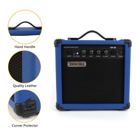 Demusea 20W Pro Electric Guitar Blue Amplifier Amp Practice Small Portable Travel Mini with Headphone Jack Aux Distortion Gain Treble Bass Volume Jack With 3 Meters Cable Audio Adapter Guitar Picks