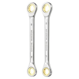 HARFINGTON 1 Set Double Box End Ratcheting Wrench 16 x 18mm / 17 x 19mm Metric 72 Tooth Ratchet Gear Spanner Tools CR-V Black Nickel Plating Dual Box End Ratcheting Wrench for Repairs