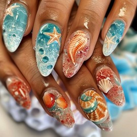 Ocean Press on Nails Medium Length Almond False Nail Starfish Seashells Design Full Cover Summer Press on Stick on Nails Blue Artificial Acrylic Nails for Women Nail Art Manicure 24 Pcs