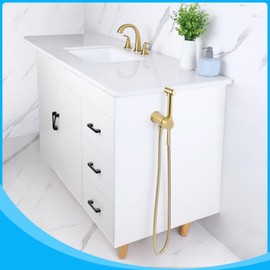 KWOCI Brushed Gold Hot and Cold Bidet Sprayer Set Mounted on The Bathroom Vanity, Stainless Steel Warm Water Bidet Sprayer for Toilet with Brass Hot and Cold Mixing Valve