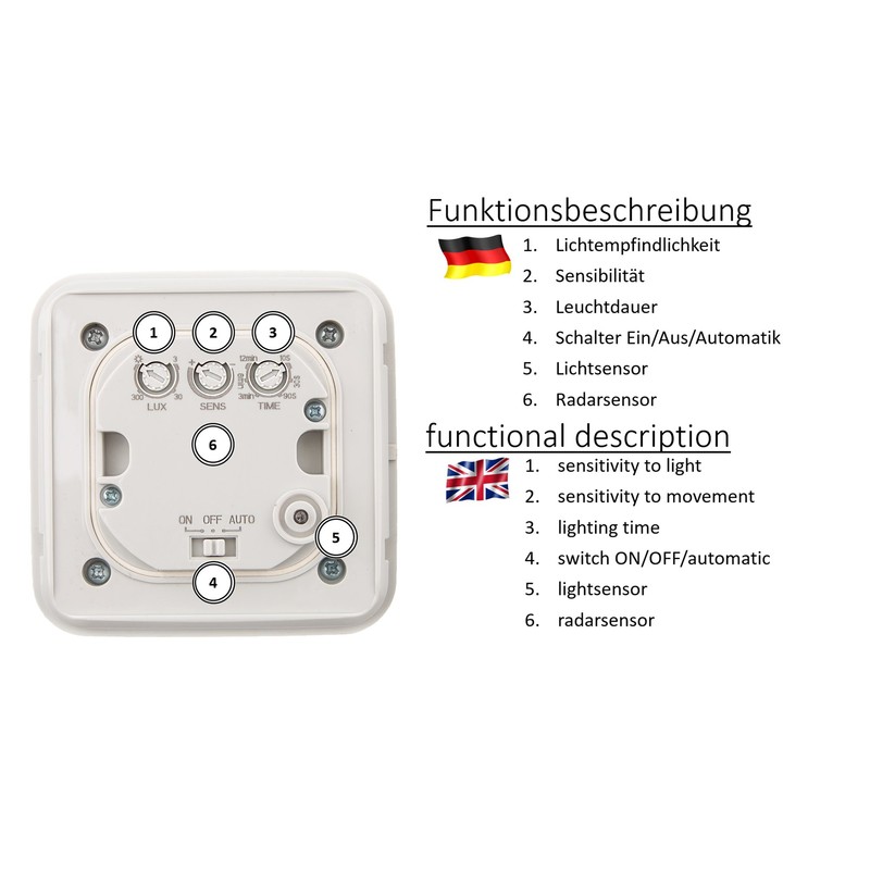 Huber Motion, 180° motion detector, white, fitted, concealed, energy efficient,