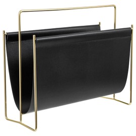 MyGift 15-Inch Modern Black Leatherette & Brass Plated Metal Magazine Holder – Floor Standing Faux Leather Sling Style Newspaper Rack for Home, Bathroom, Office Decor