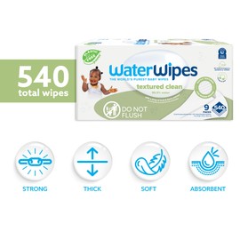 WaterWipes Plastic-Free Textured Clean, Toddler & Baby Wipes, 99.9% Water Based Wipes, Unscented & Hypoallergenic for Sensitive Skin, 540 Count (9 packs), Packaging May Vary