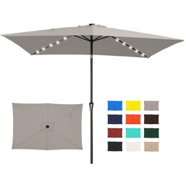 JEAREY 6.5x10 ft Rectangular LED Lighted Patio Umbrellas Outdoor Solar Table Market Umbrella w/Push Button Tilt/Crank, 6 Sturdy Ribs, UV Protection Waterproof Sunproof(Pale Gray)