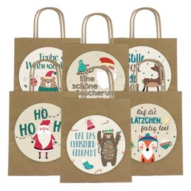Papierdrachen 6 Christmas Gift Bags 18 cm x 22.5 cm x 8 cm with XXL Stickers – Practical Packaging Christmas Gifts – Ideal as a Gift – Handle Bag, Brown Animals Motif