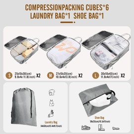 8 Set Compression Packing Cubes for Travel, Expandable Luggage Organizer with Shoe Bag & Laundry Bag - Lightweight Suitcase & Backpack Travel Essentials (Gray)