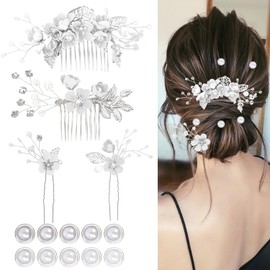 4Pcs Wedding Hair Accessories for Women, Classy Bridal Hair Pins Flower Bridesmaid Hair Accessories 10Pcs Spiral Pearl Hair Pins for Brides Bridesmaids Women Girls (Silver)