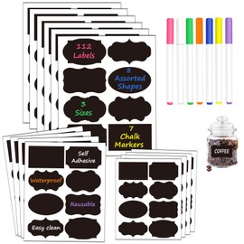 Chalkboard Label Stickers, HERDIN Reusable Waterproof Blackboard Labels with 7 Chalk Markers, Labels for Storage Bins, Food Containers, Mason Jars, Spice Bottle, Kitchen (112 PCS, 8 Assorted Shapes)