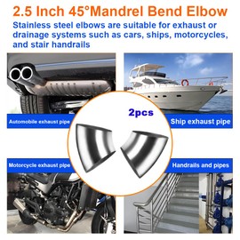 AIMCOCO 2.5Inch 45 Degree Stainless Steel Exhaust Elbow Pipe-16GA/. 065" Wall-SS304 2.5" Stainless Steel Pipe Bend Tube for Car Exhaust Elbow Modified, Stair Handrail Bend,etc(2PCS)