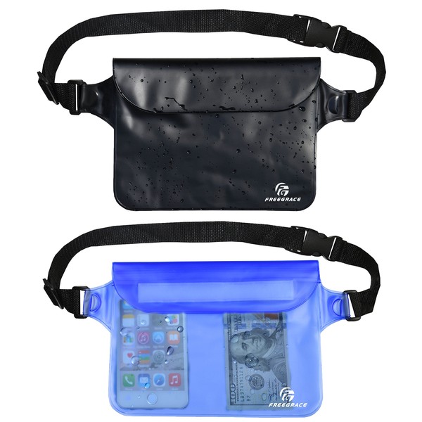Freegrace Premium Waterproof Pouch Set with Waist/Shoulder Strap - Best Way to Keep Your Phone and Valuables Dry and Safe - Perfect for Boating Swimming Snorkeling Kayaking (Black + Blue)