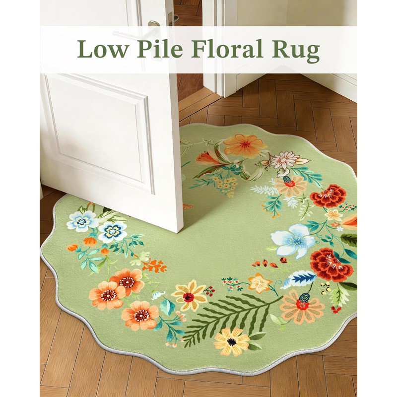 Carvapet 6ft Scalloped Green Round Rug - Sage Floral Washable
