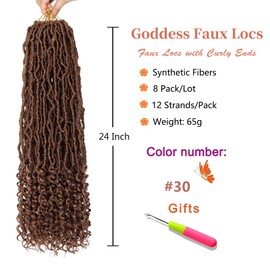 Stephanie 24 Inch Goddess Faux Locs Crochet Braids With Curly Ends 8 Packs Soft New Faux Locs Crochet Hair Natural Black Pre Looped Synthetic Crochet Braiding Hair for Women (30#, 24 inch)