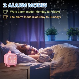 yotutun Children's Light Alarm Clock, Dinosaur Children's Alarm Clock, Digital Clock with Night Light, Timer, Snooze Function, 2 Alarms, 6 Ringtones, Adjustable (Pink)