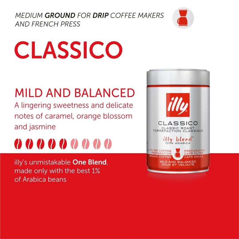 illy Coffee, Classico Filter Coffee, Medium Roast, 100% Arabica Ground