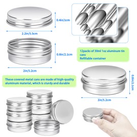 MotBach 12 Pack 1oz Tin Jars, 30ml Metal Tin cans, 1ounce Aluminum tin can jar Containers with Screw Lid for Lotion Bars, Spices, Salve, Balms, Beard Balm, Toiletries, Creams, Sample, Makeup Cosmetic