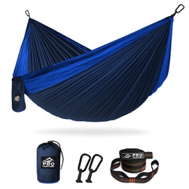 Pro Venture Double Camping Hammock - 10.5 x 6.5 FT (9ft Tree Straps, 2 Carabiners) - 2 Person, Portable, Lightweight Parachute Nylon 210T Hammocks - for Backpacking, Travel, Hiking, Patio (Double)…