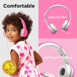 LilGadgets Connect+ Girls Headphones for School Wired with Microphone, Volume Limiting for Safe Listening, Adjustable Headband, Cushioned Earpads for Comfort, Kids Headphones for School, Pink
