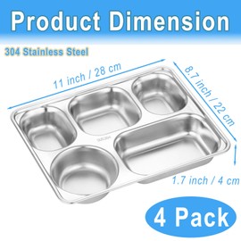 Nexboraque 4 Pack 304 Stainless Steel Divided Plates Tray, 5 Sections Small Rectangular Dinner Plates Control Plates for Kids, Picky Eaters, Campers, Diet Food Portion Control