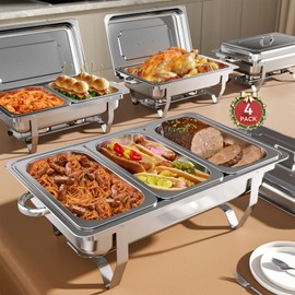 Amhier Chafing Dish Buffet Set, 9QT High Grade Chafing Dishes for Buffet, Chafers and Buffet Warmers Sets for Birthday, Wedding, Rolled-Edge Design with Silver, 4 Pack, 7 Pans