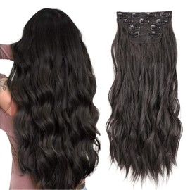 Xtrend 16 Inch Black Brown Wavy Hair Extensions 11 Clips in Hair Extensions Synthetic Hair Pieces for Women Girls 4 Pieces Full Head Set Thick Curly Wavy Synthetic Hair Extensions 2#