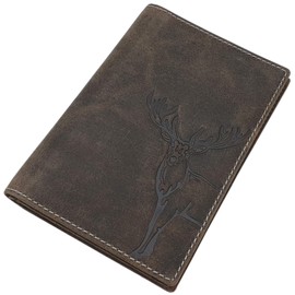 Buffalo Full Leather ID Card Holder with Deer, Boar, Fish and Skull Motif or without Motif for Vehicle Registration, Severely Disabled ID, Gun Licence, Hunting Licence etc., Deer motif / vintage,