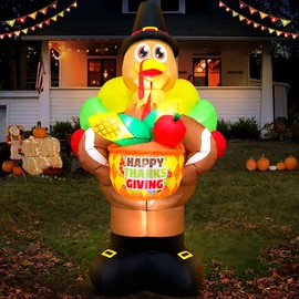 8FT Thanksgiving Inflatable Turkey Fruit Basket Thanksgiving Inflatables Outdoor Decorations with LED Lights,Blow Up Turkey Yard Decorations for Fall,Holiday,Outdoor,Party,Garden,Lawn Décor