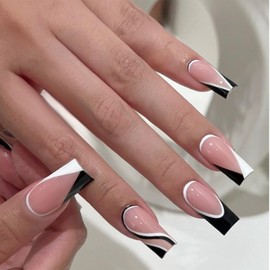 SINHOT Square Press on Nails Medium Fake Nails Glossy Glue on Nails Black White Swirl Acrylic Nails Squoval Artificial Nails French Tip Stick on False Nails with Design 24pcs
