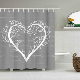 RyounoArt Tree of Life Shower Curtain Fabric White Heart Shaped Tree Branch Bathroom Decor Romantic Love Gray Curtain Waterproof with Hooks 72"x72"