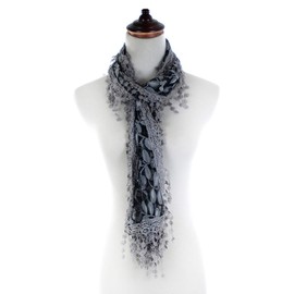 AN Spring Scarf Fashion Leafy Lace Scarf Womens With Tassels Dark Gray