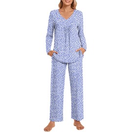 POPYOUNG 2 Piece Women's Fall/Winter Pajama Sets V Neck Long Sleeve Lounge Sleepwear Pjs Sets with Pockets 2X-Large, Spot Blue