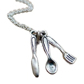 Utensil Statement Chunky Pendant Rhinestone Necklace for Women Silver Spoon Fork Knife Utensils Charm Pendant