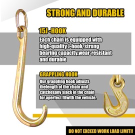 TKK Towing Chain Bridle，5/16" X 2ft V-Bridle Tow Chain with 15" J-Hooks and Grab Hooks Grade 70 Safety Chains for Flatbed Trucks, Yellow Zinc Plated, 4900 lbs Capacity
