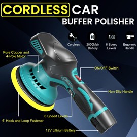 Cordless Car Buffer Polisher, 6 Speed Adjustable Polisher with 2x2000mAh 12V Batteries Powerful & Portable Orbital Polisher, Cordless Polisher for Car Detailing/Waxing/Polishing/Scratch Removing