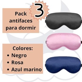 Pack con 3 antifaces para dormir en colores: negro, rosa y azul marino. Mascara de sueño tipo seda. El antifaz cubre suave y cómodamente los ojos y tiene correa ajustable. Apto para hombre y mujer.