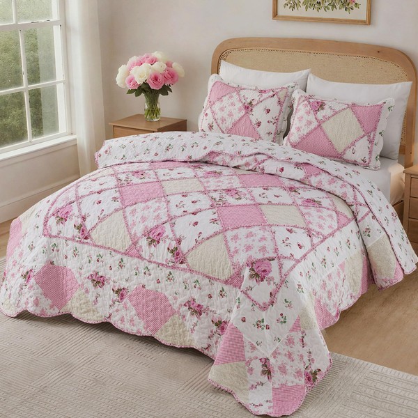 VIVILINEN Pink Patchwork Quilt Set Queen Size Reversible Quilted Bedspread