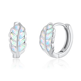 Lasidor Pendientes de aro pequeños de hoja para mujeres y niñas, con ópalo chapado en oro de 14 quilates, Latón, Ópalo creado