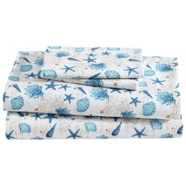 Beatrice Home Fashions Coastal Print Microfiber Sheet Set, Soft, Comfy, 12" Deep Pockets, King, Shell Notes